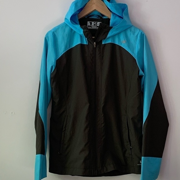 new Balance Women's Sequence Hood Jacket Black Blue Zip Windbreaker Top - Picture 7 of 13